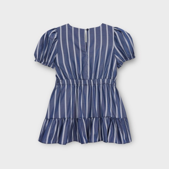 Habitual Striped Ruffled Mock Wrap Blue Dress - Picture 2 of 6